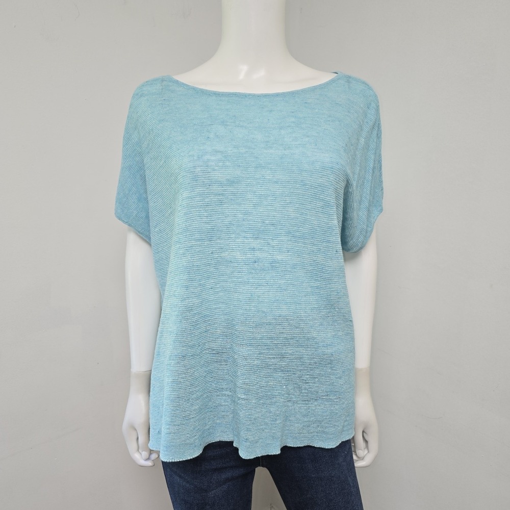 Eileen Fisher Oversized Sweater Top Size M 100% Linen Blue Side Slits Lagenlook